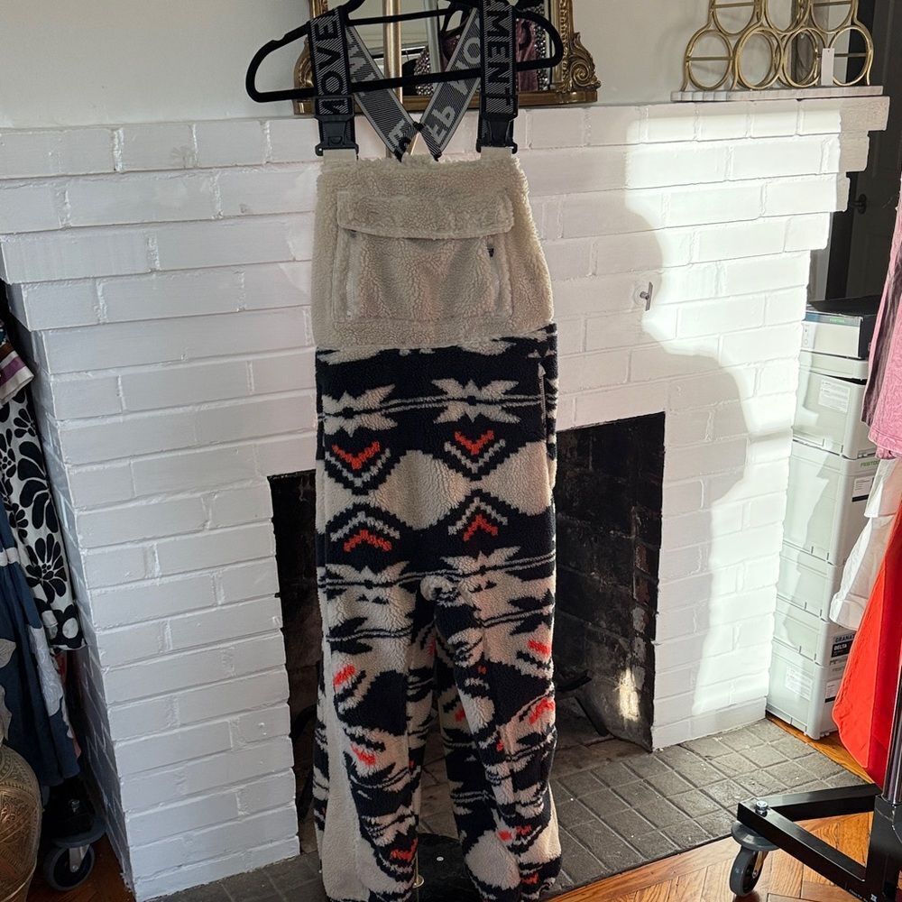 FREE PEOPLE Hit The Slopes Overalls Salopette Size Small Black Fair Isle Fleece - Picture 7 of 10